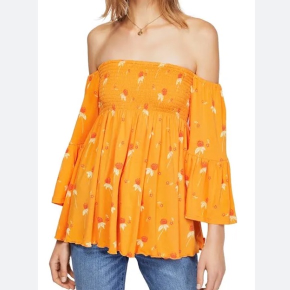 Free People Tops - Free People Golden Poppy Smocked + Ruffled Off The Shoulder Flowy Blouse